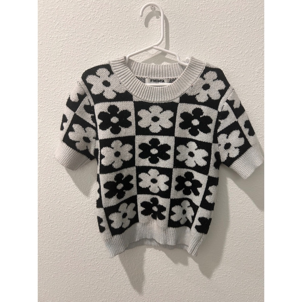 RSQ Girls Floral Checkered Short‎ Sleeve Sweater Black White Size Small